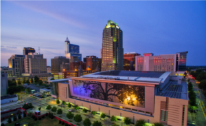 exterior of Raleigh Convention Center with tree
