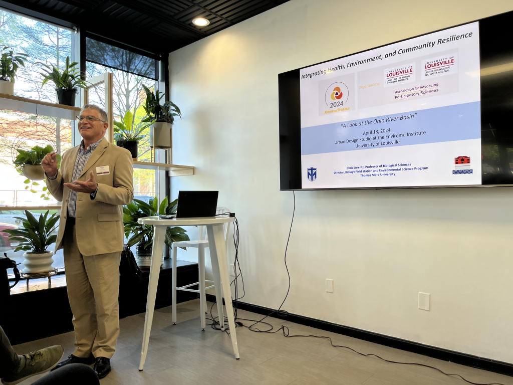 Dr. Chris Lorntz presenting on participatory projects supporting efforts to protect the Ohio River Basin