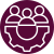 icon indicating strand for community driven partnerships. Maroon circle with line drawings of half of a gear on the bottom and three people at the top.