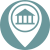 icon indicating conference strand on facilitator organizations and third spaces. Light teal circle with a graphic of a map pin in white. Inside the map pin is a circle, and inside that is an icon of a building with columns.