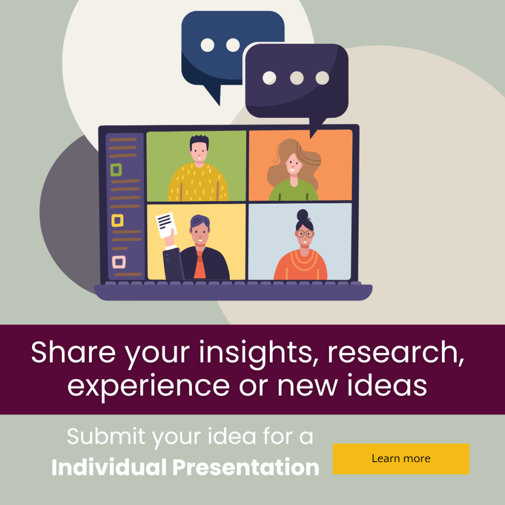 Illustration of a virtual meeting on a laptop with four diverse people on screen, speech bubbles above, and text inviting users to submit ideas for an individual presentation. A yellow Learn more button is included.