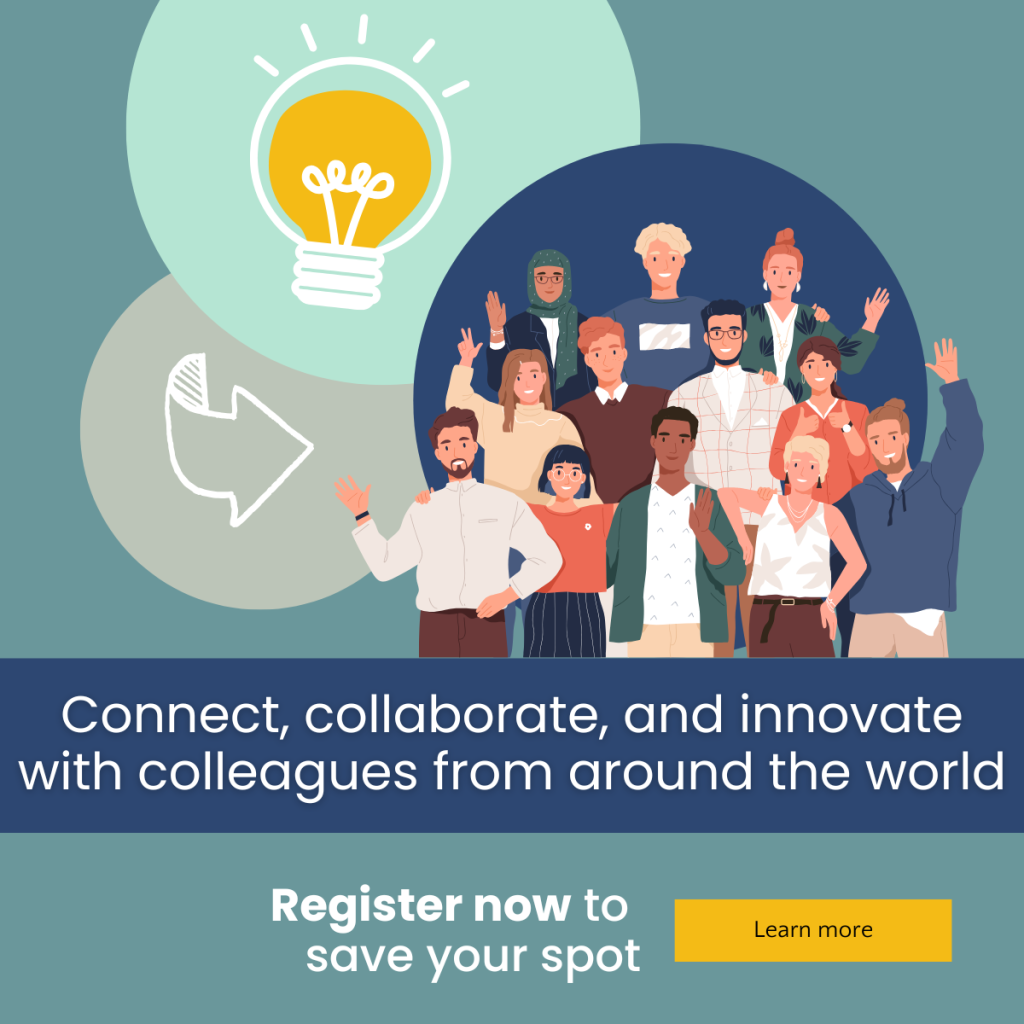 Illustration of a diverse group of people waving, a lightbulb symbol, and an arrow. Text reads: “Connect, collaborate, and innovate with colleagues from around the world. Register now to save your spot. Learn more.”.
