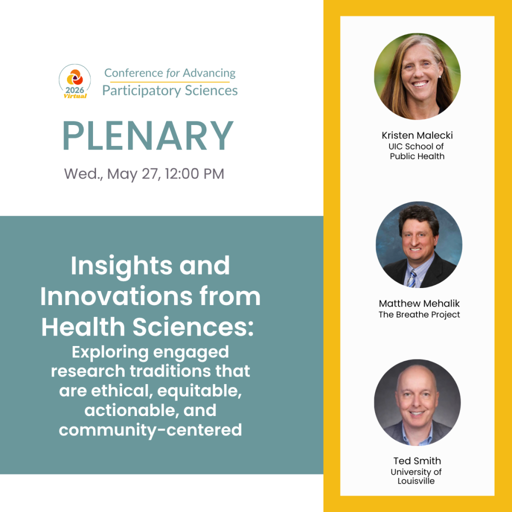 Promotional graphic for a plenary session at the Conference for Advancing Participatory Sciences featuring headshots of Kristen Malecki, Matthew Mehalik, and Ted Smith, with session details and title displayed.