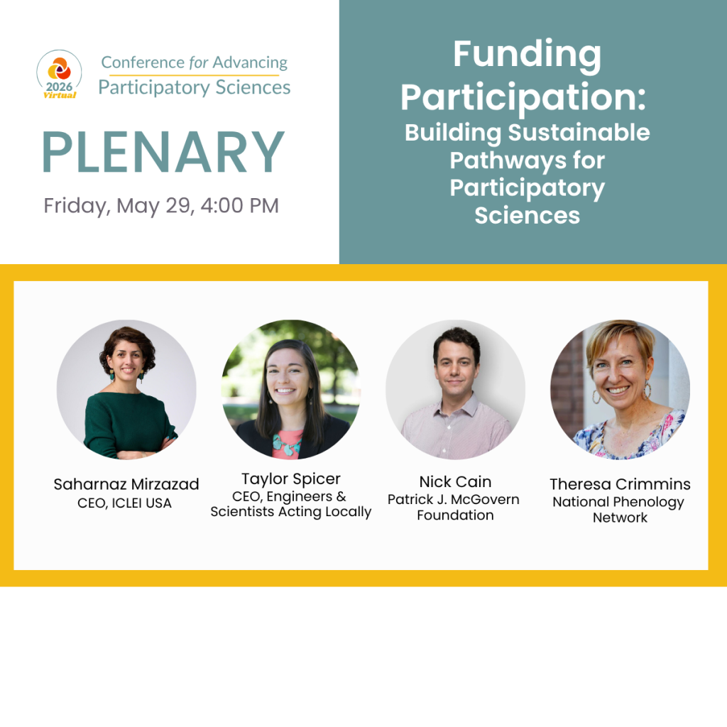 Promotional graphic for a plenary session titled Funding Participation: Building Sustainable Pathways for Participatory Sciences featuring four speakers with headshots and names: Sahranaz Mirzazad, Taylor Spicer, Nick Cain, and Theresa Crimmins.