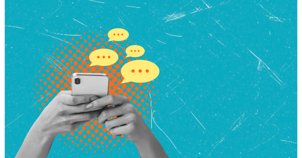 A person’s hands holding a smartphone, with yellow chat bubbles above the phone, set against a textured blue background with orange dots.