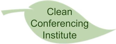 A light green leaf graphic with the words Clean Conferencing Institute written in dark green text across the center.