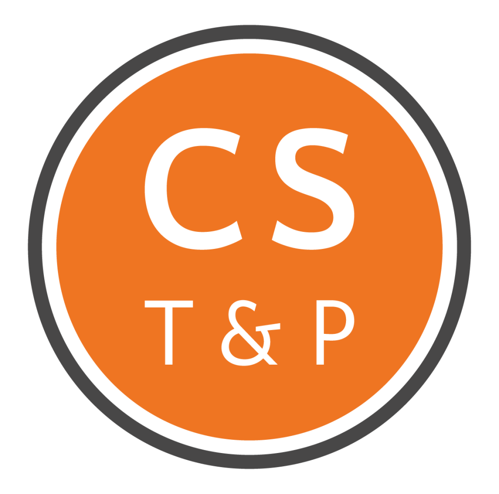 An orange circle with a thick gray and white border features the large white letters CS at the top and the smaller white letters T & P underneath.