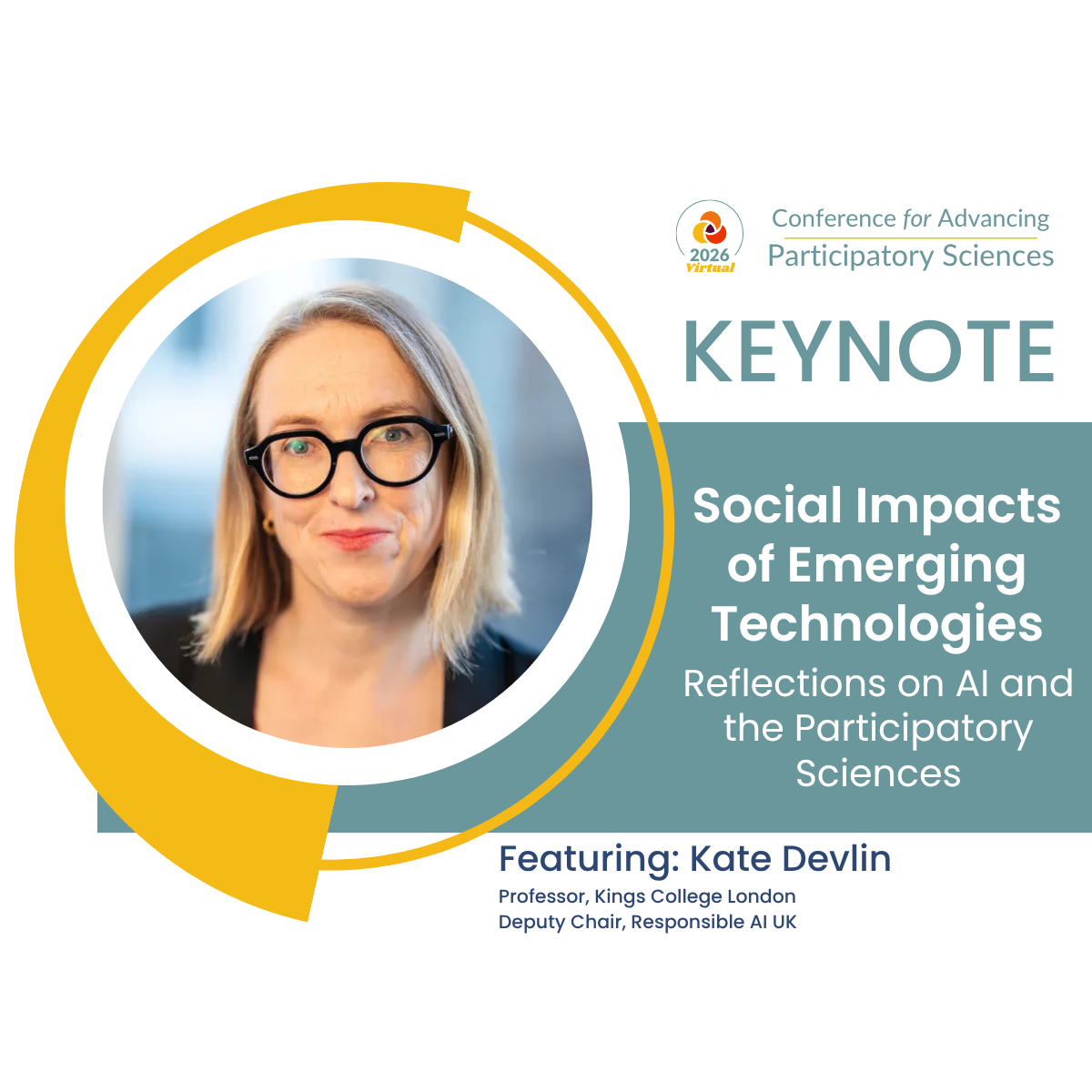 A promotional graphic for a keynote titled Social Impacts of Emerging Technologies. It features a portrait of Kate Devlin and event details, highlighting her role as a professor and Deputy Chair, Responsible AI UK.