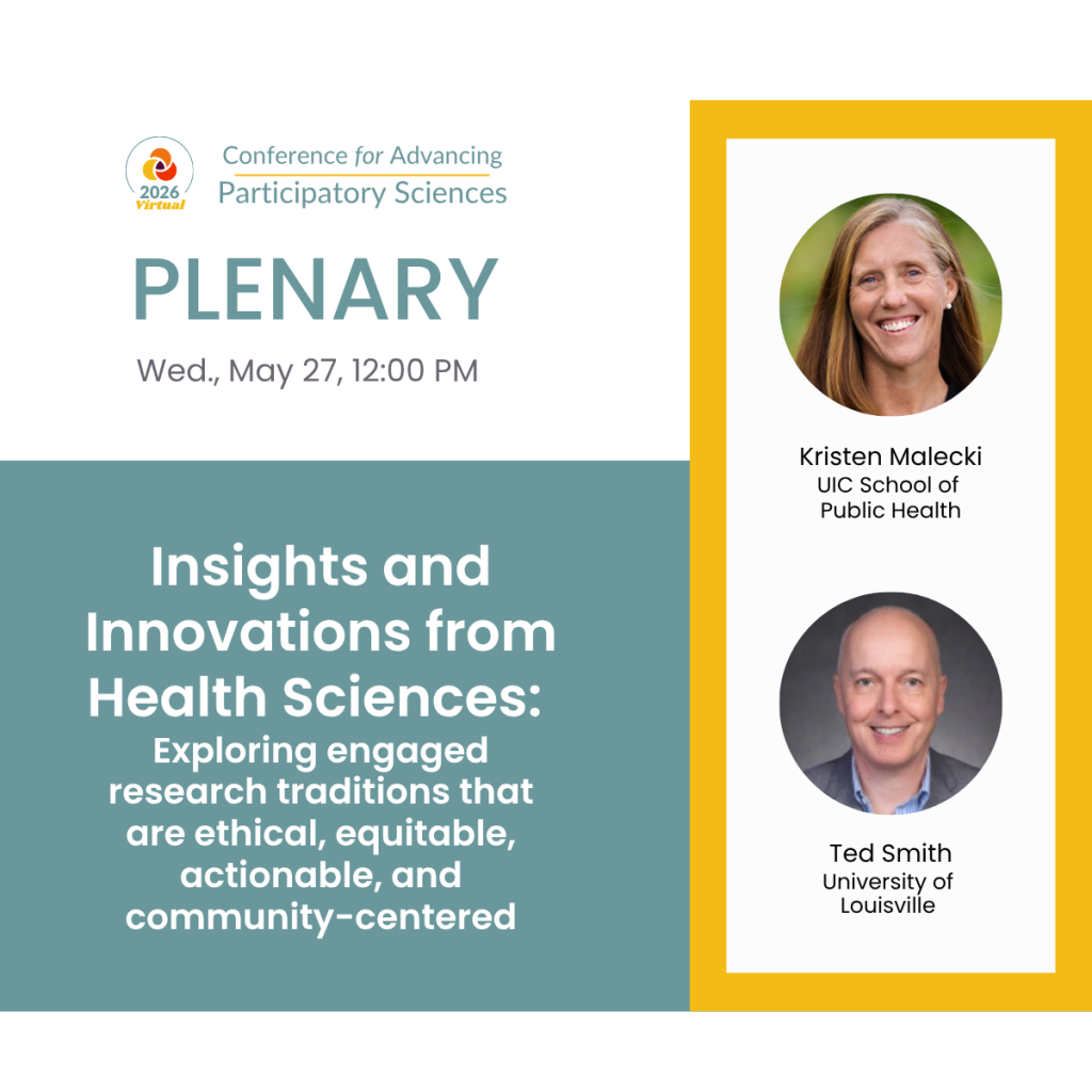 Conference flyer for a plenary session on May 27 at 12:00 PM, featuring Kristen Malecki (UIC School of Public Health) and Ted Smith (University of Louisville), focusing on ethical and community-centered research.