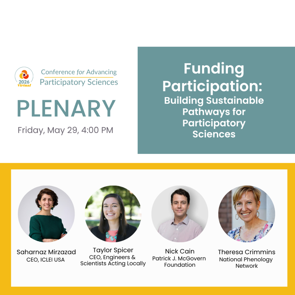 Event flyer for the Conference for Advancing Participatory Sciences 2026 plenary session titled Funding Participation: Building Sustainable Pathways for Participatory Sciences on Friday, May 29, 4:00 PM, featuring four speakers.