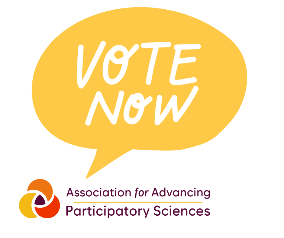A yellow speech bubble with the words VOTE NOW above the logo and name of the Association for Advancing Participatory Sciences.