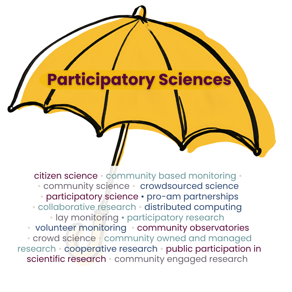 A yellow umbrella labeled Participatory Sciences shelters various related terms below, including citizen science, community science, crowdsourced science, and more, in different colors and fonts.