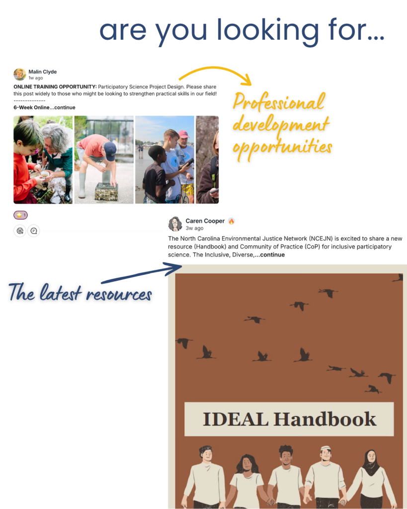 A collage highlights online training and new handbook resources for participatory science, with annotations pointing to Professional development opportunities and The latest resources..
