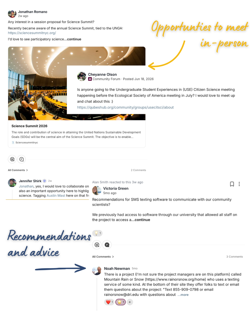 A screenshot of an online forum with highlighted notes reading Opportunities to meet in-person and Recommendations and advice. Various users share messages about conferences and project management.