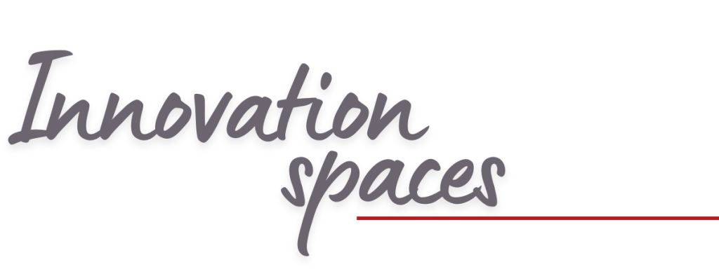 The image shows the words Innovation spaces in a gray cursive font with a thin red line beneath the word spaces on a white background.