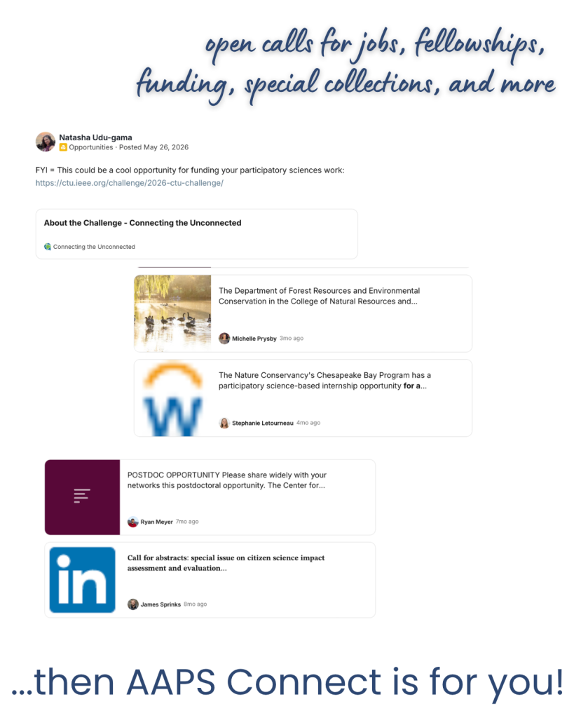A graphic promoting AAPS Connect shows a handwritten message about open calls, a social media post sharing job and research opportunities, and the LinkedIn logo, encouraging users to find opportunities.