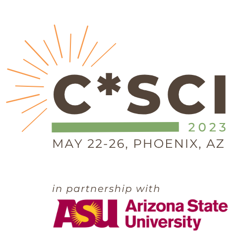 C*SCI 2023 logo with sun rays graphic, event dates May 22–26, Phoenix, AZ, and Arizona State University partnership shown.